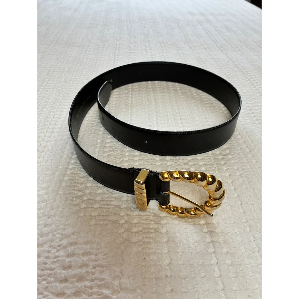 Vtg Cipriani Leather Belt Navy Leather Gold Buckle Women Large Glazed Cowhide